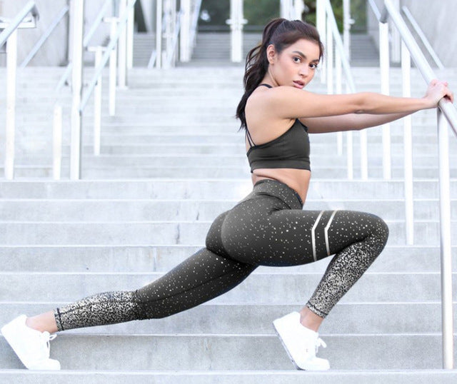 Gold Print High Waist Fitness Leggings - Black with White / S - Sport Finesse
