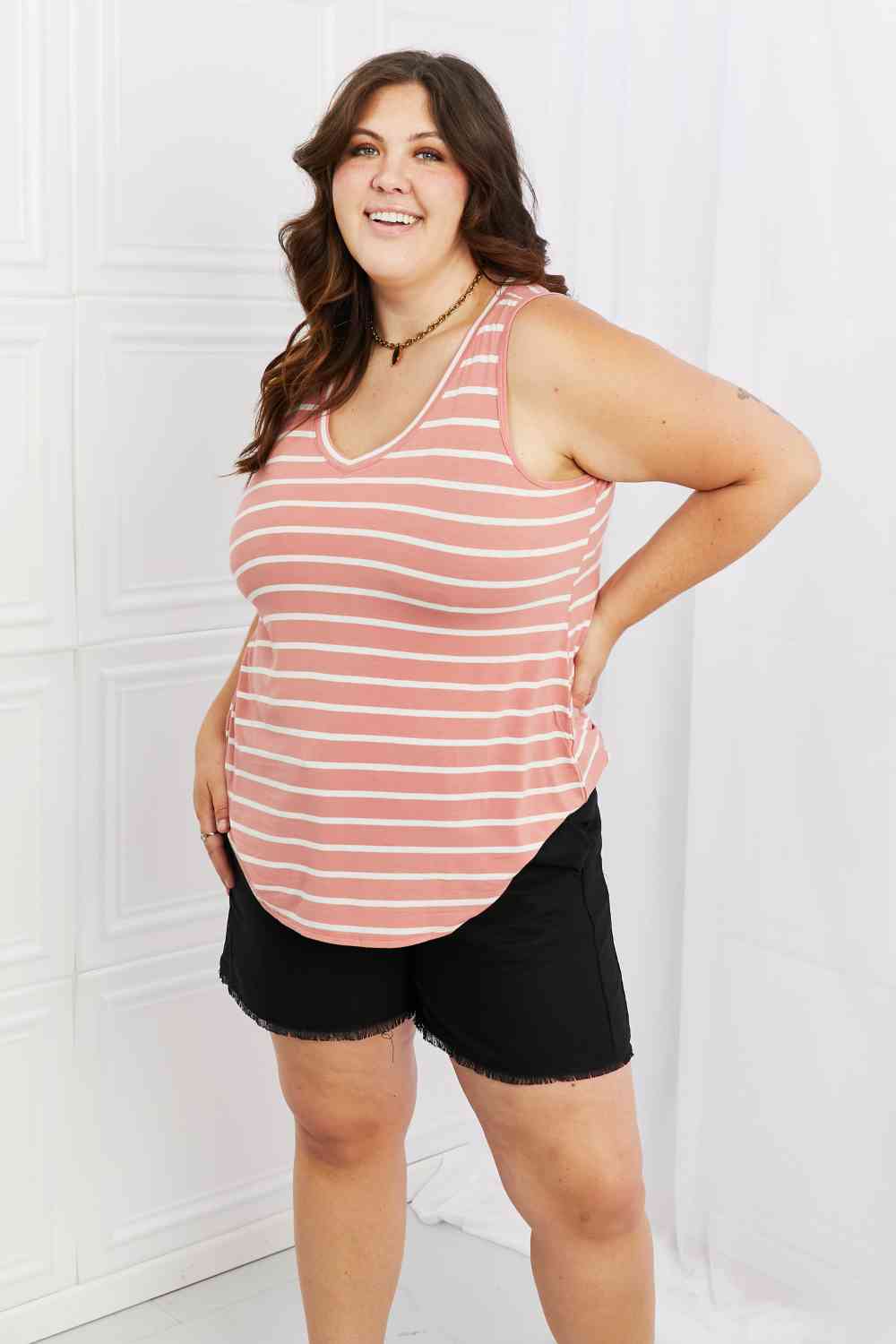 Coral Full Size Sleeveless Striped Top