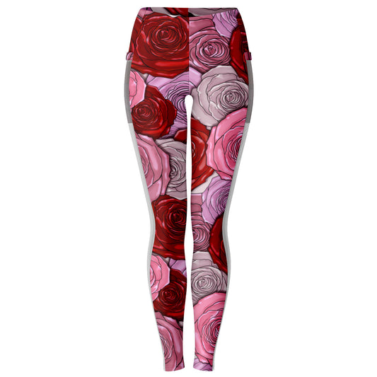 Pink Roses Mesh Pocket Leggings - XS - Sport Finesse