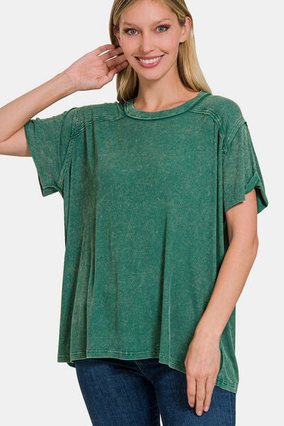 Drk Green Washed Ribbed Short Sleeve Top