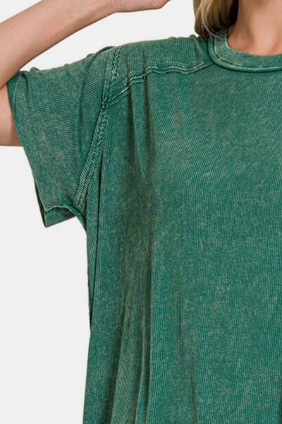 Drk Green Washed Ribbed Short Sleeve Top