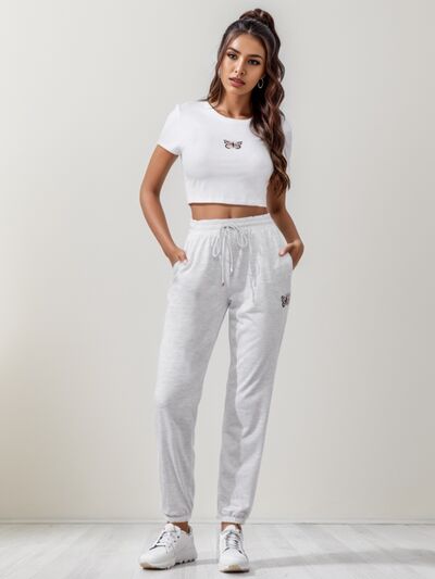 Butterfly Round Neck Top and Drawstring Pants Set