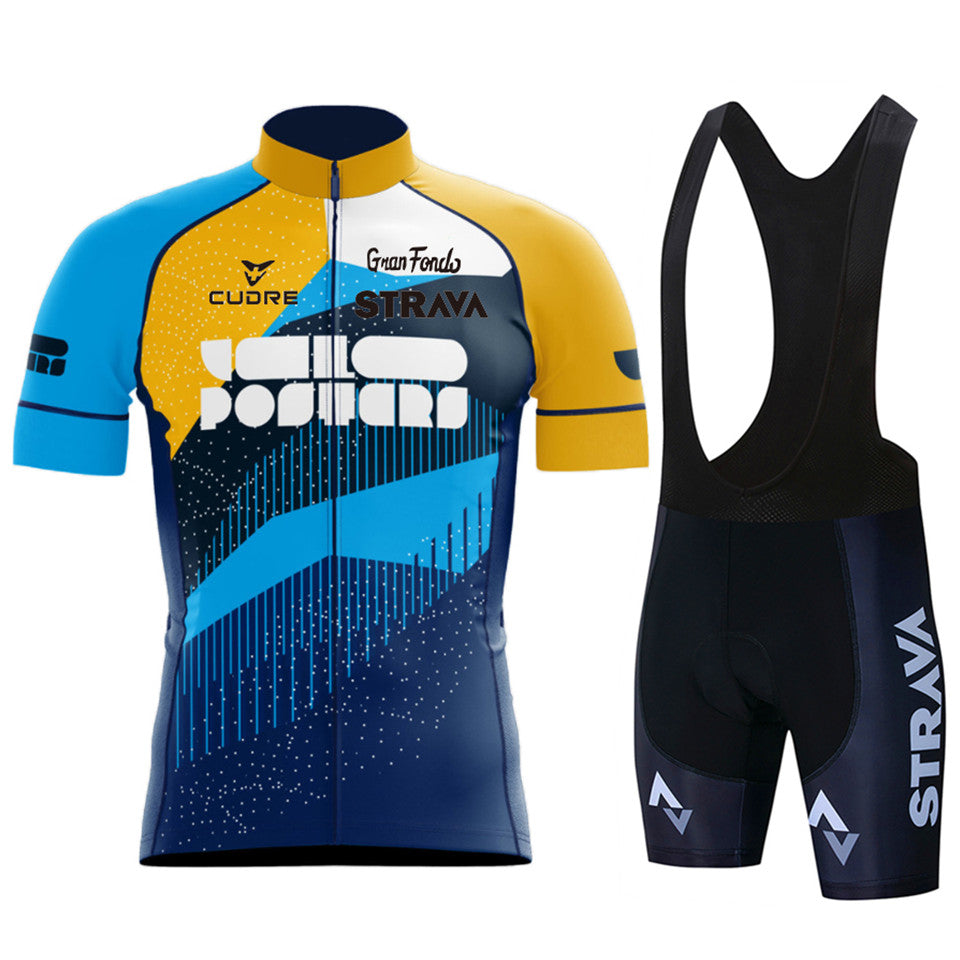 New Strava Summer Cycling Jersey Set - Yellow Blue Pattern / Black pants / S - Sport Finesse