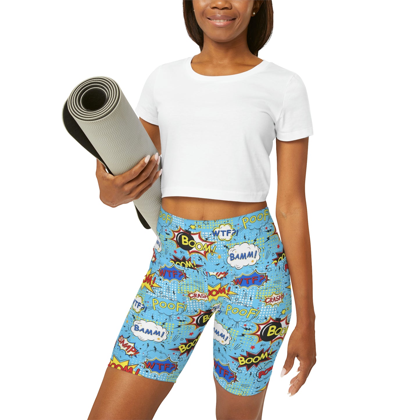 Poof Boom Cartoon High Waisted Yoga Shorts - 2XS - Sport Finesse