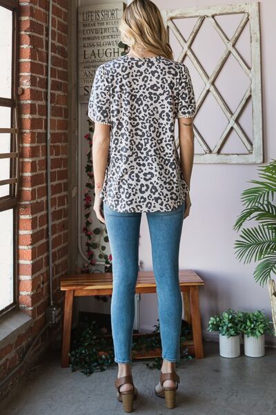 Taupem Leopard Round Neck Petal Sleeve T-Shirt