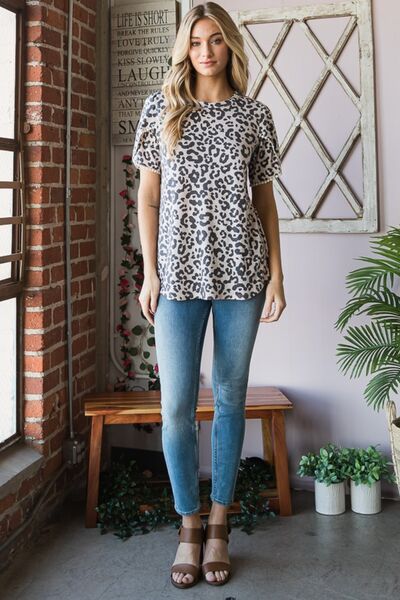 Taupem Leopard Round Neck Petal Sleeve T-Shirt