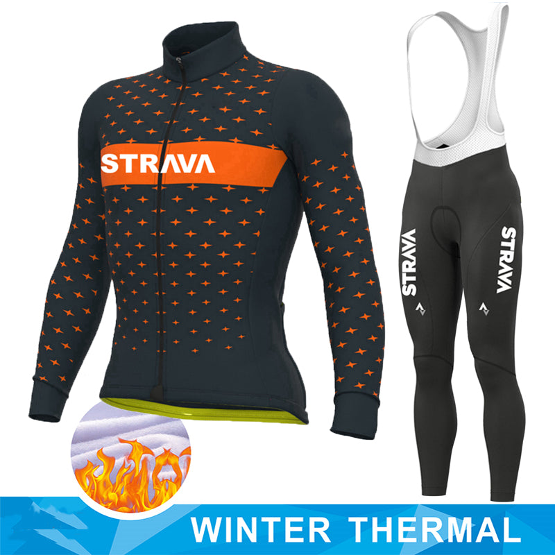 Thermal Full Sleeve Cycling Set - Autumn & Winter - Orange / Black White Bib Pant Set / XS - Sport Finesse