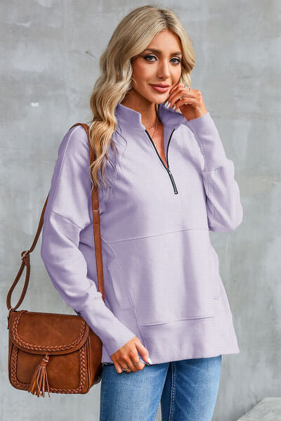 Half Zip Pocketed Dropped Shoulder Sweatshirt - Lavender / S - Sport Finesse