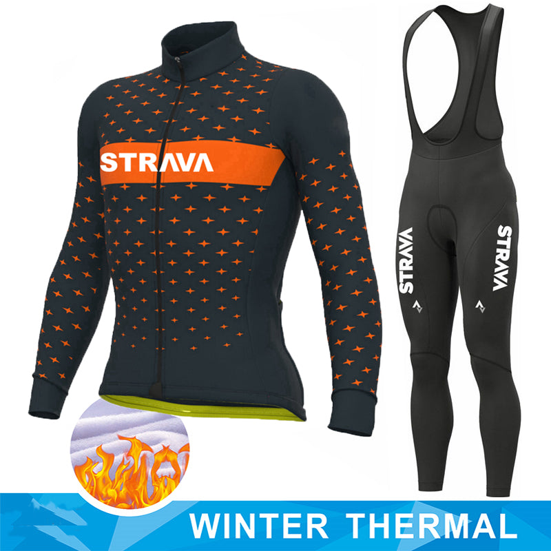 Thermal Full Sleeve Cycling Set - Autumn & Winter - Orange / Black Bib Pant Set / XS - Sport Finesse