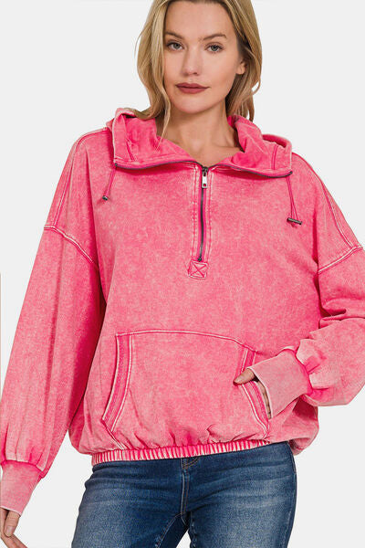 Fuchsia Drawstring Half Zip Dropped Shoulder Hoodie