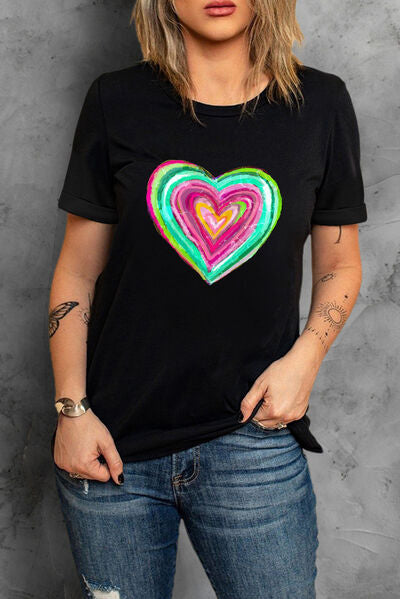 Bright Heart Round Neck Short Sleeve T-Shirt - Black / S - Sport Finesse