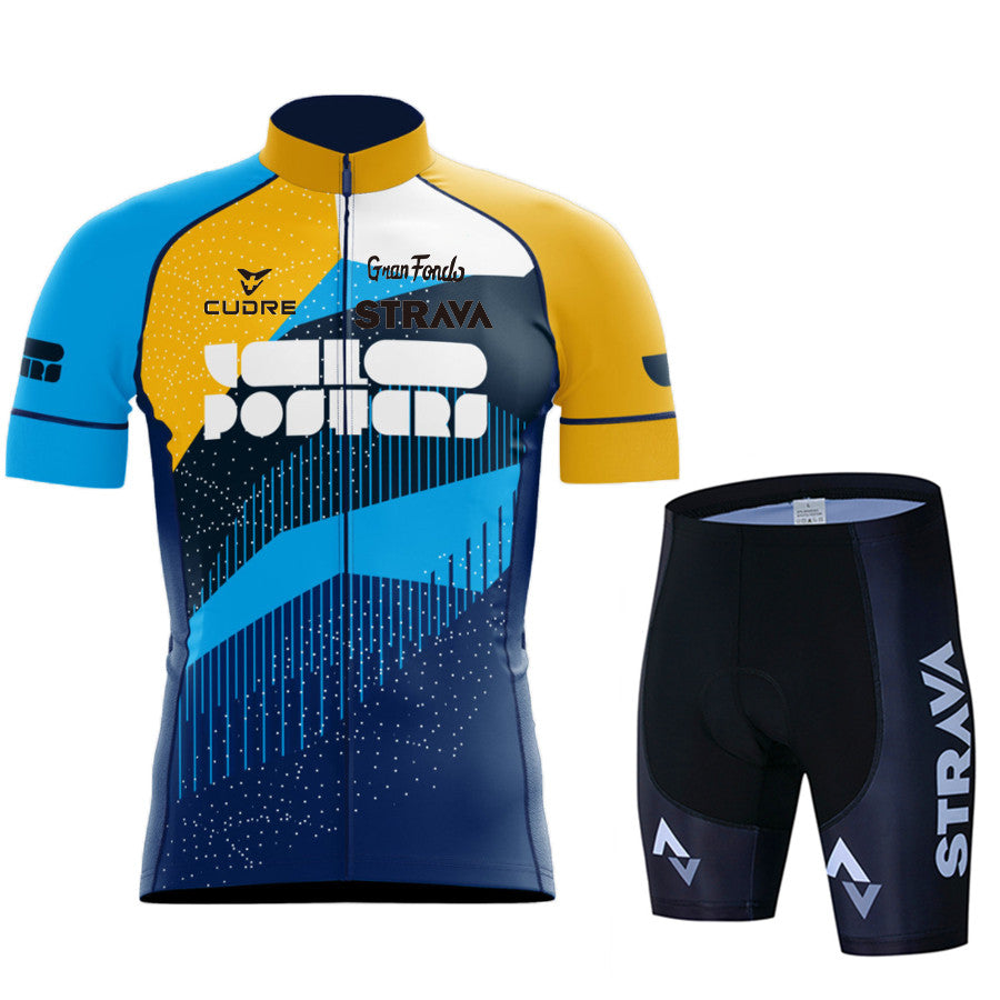 New Strava Summer Cycling Jersey Set - Yellow Blue Pattern / Shorts / S - Sport Finesse
