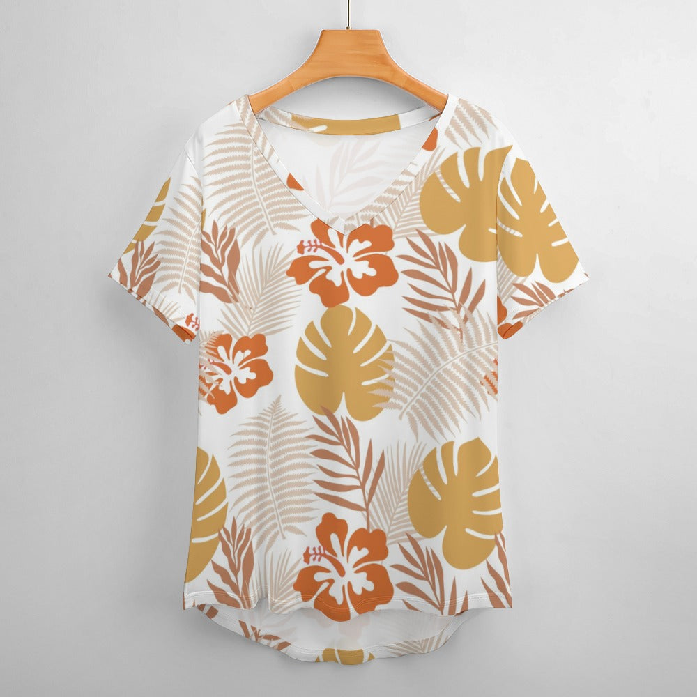 Boho Tropical Print Plus Size Ladies V-Neck Short Sleeve T-Shirt - XL - Sport Finesse