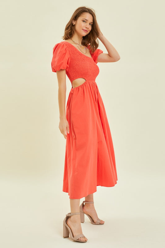 Cherry Red Smocked Cutout Midi Dress