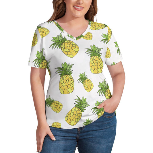 Pineapple Print Plus Size Ladies V-Neck Short Sleeve T-Shirt - Sport Finesse