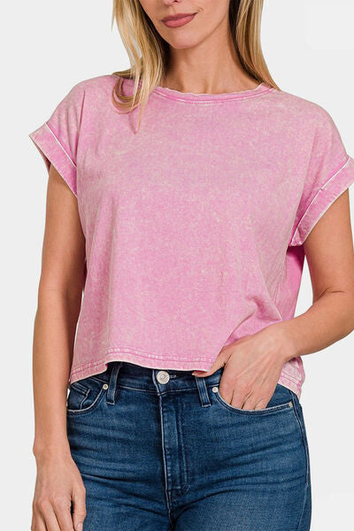 Mauve Washed Round Neck Rolled Short Sleeve Crop Top - MAUVE / S - Sport Finesse