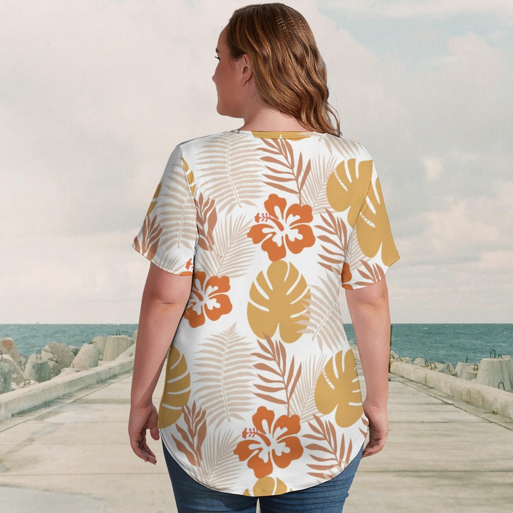 Boho Tropical Print Plus Size Ladies V-Neck Short Sleeve T-Shirt - Sport Finesse