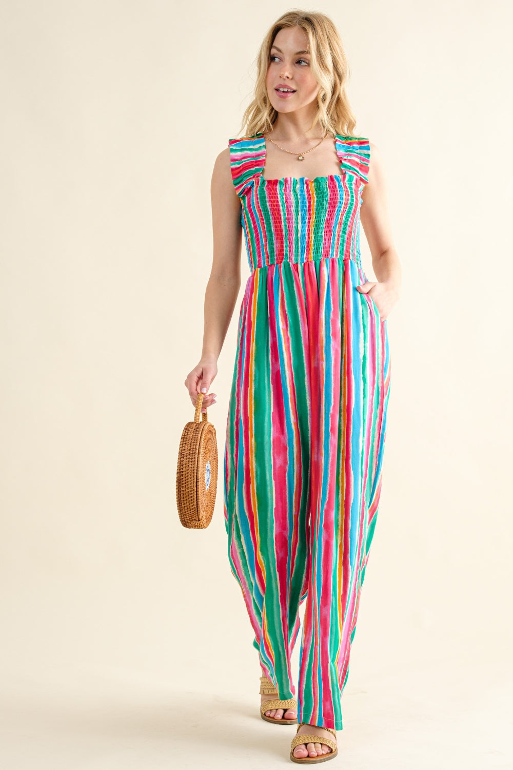 Full Size Striped Smocked Sleeveless Jumpsuit - STRIPE / S - Sport Finesse