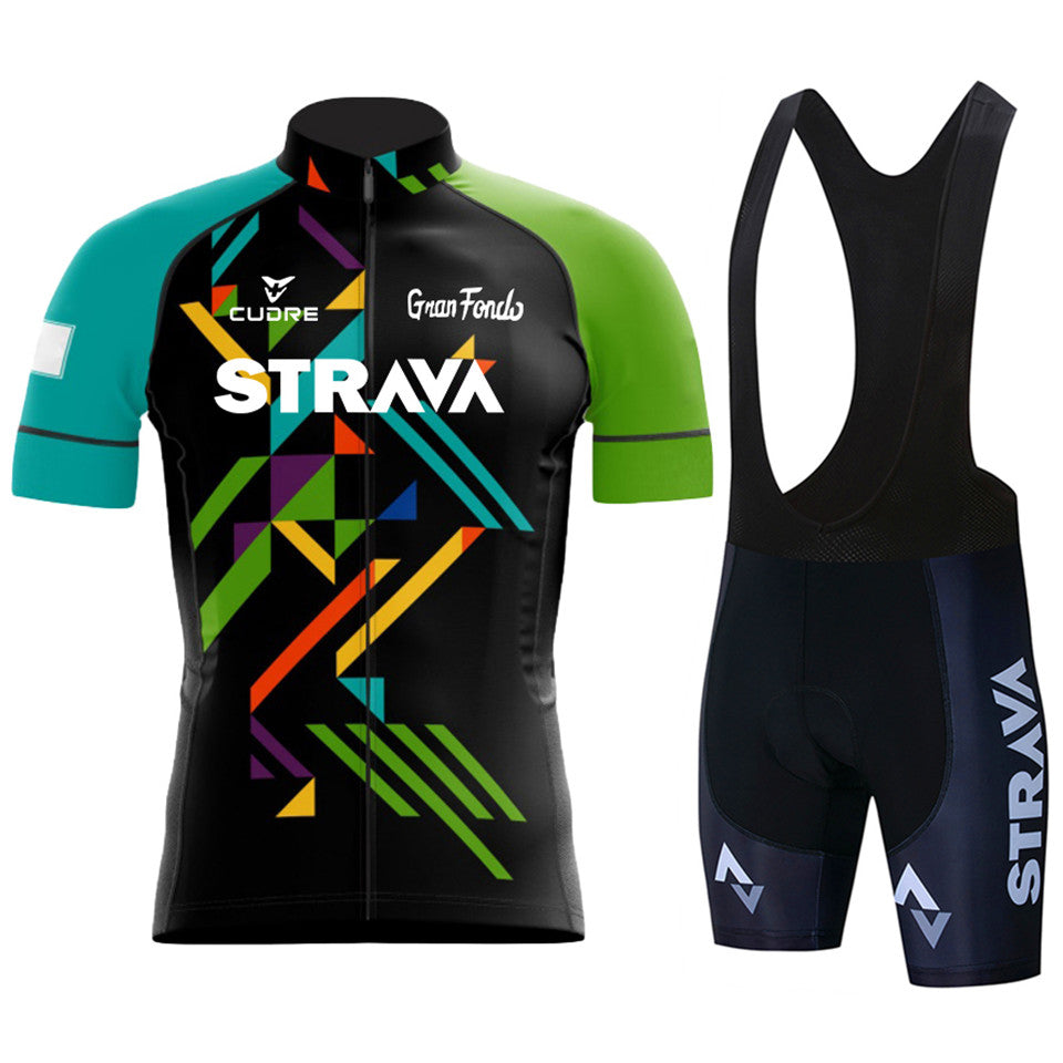 New Strava Summer Cycling Jersey Set - Green Black Pattern / Black pants / S - Sport Finesse
