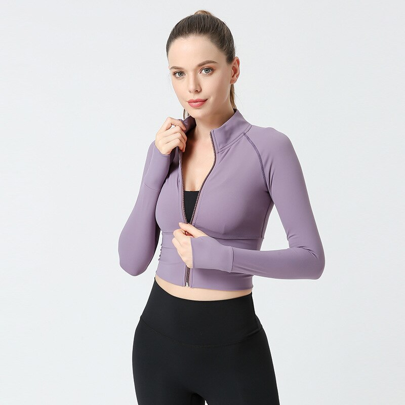 Long Sleeve Nude Zipper Fitness Coat - Purple / S - Sport Finesse