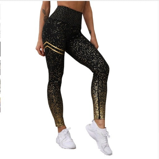 Gold Print High Waist Fitness Leggings - Black with Gold / S - Sport Finesse