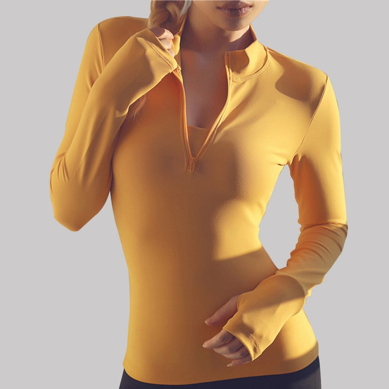 Solid Three-Quarter Zip Yoga Shirt with Thumb Holes