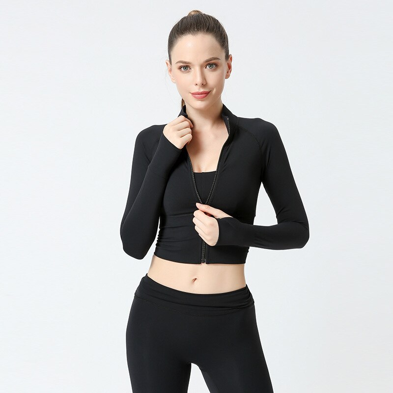 Long Sleeve Nude Zipper Fitness Coat - Black / S - Sport Finesse