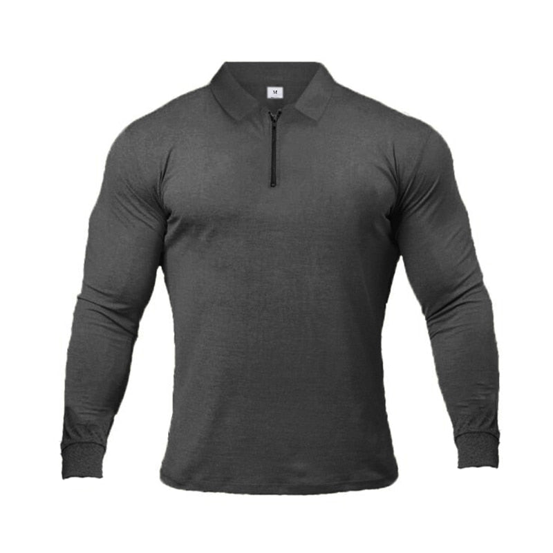 Breathable Long Sleeve Polo Fitness T-Shirt - Dark Grey Zip / M - Sport Finesse