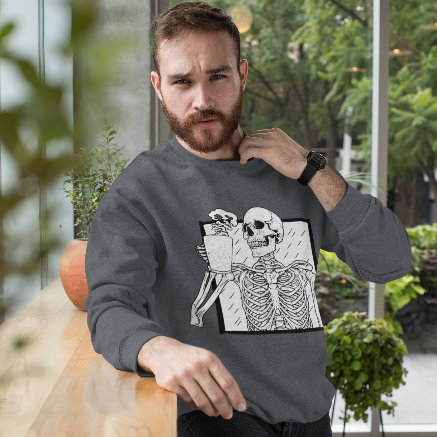 Halloween Coffee Skeleton Unisex Sweatshirt - Dark Heather / S - Sport Finesse