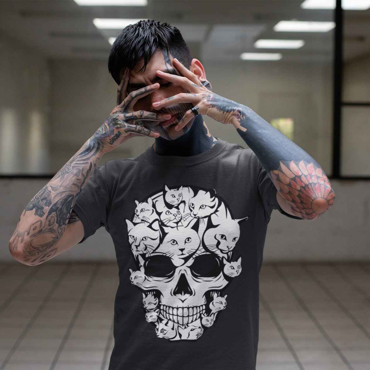 Halloween Funny Cat Skull Youth Tee - Black / S - Sport Finesse