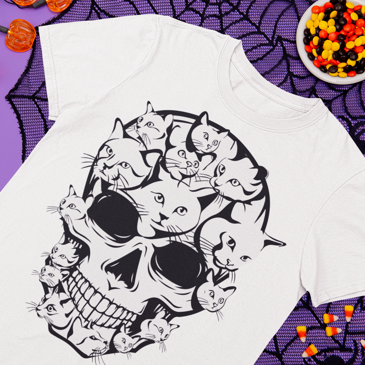 Halloween Funny Cat Skull Youth Tee - White / S - Sport Finesse