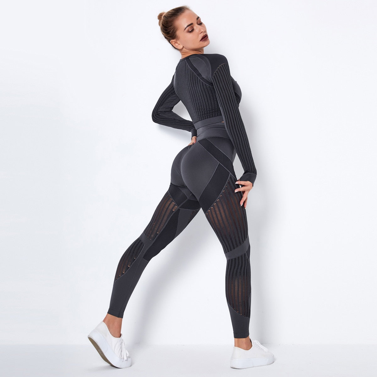 Women Seamless Gym Sets High Waist Gym Mesh Leggings Shirts Suit