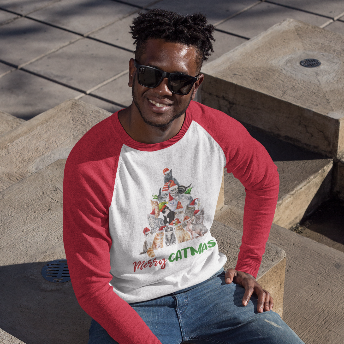 Merry Catmas 3/4 Sleeve Shirt - White/Red / XS - Sport Finesse