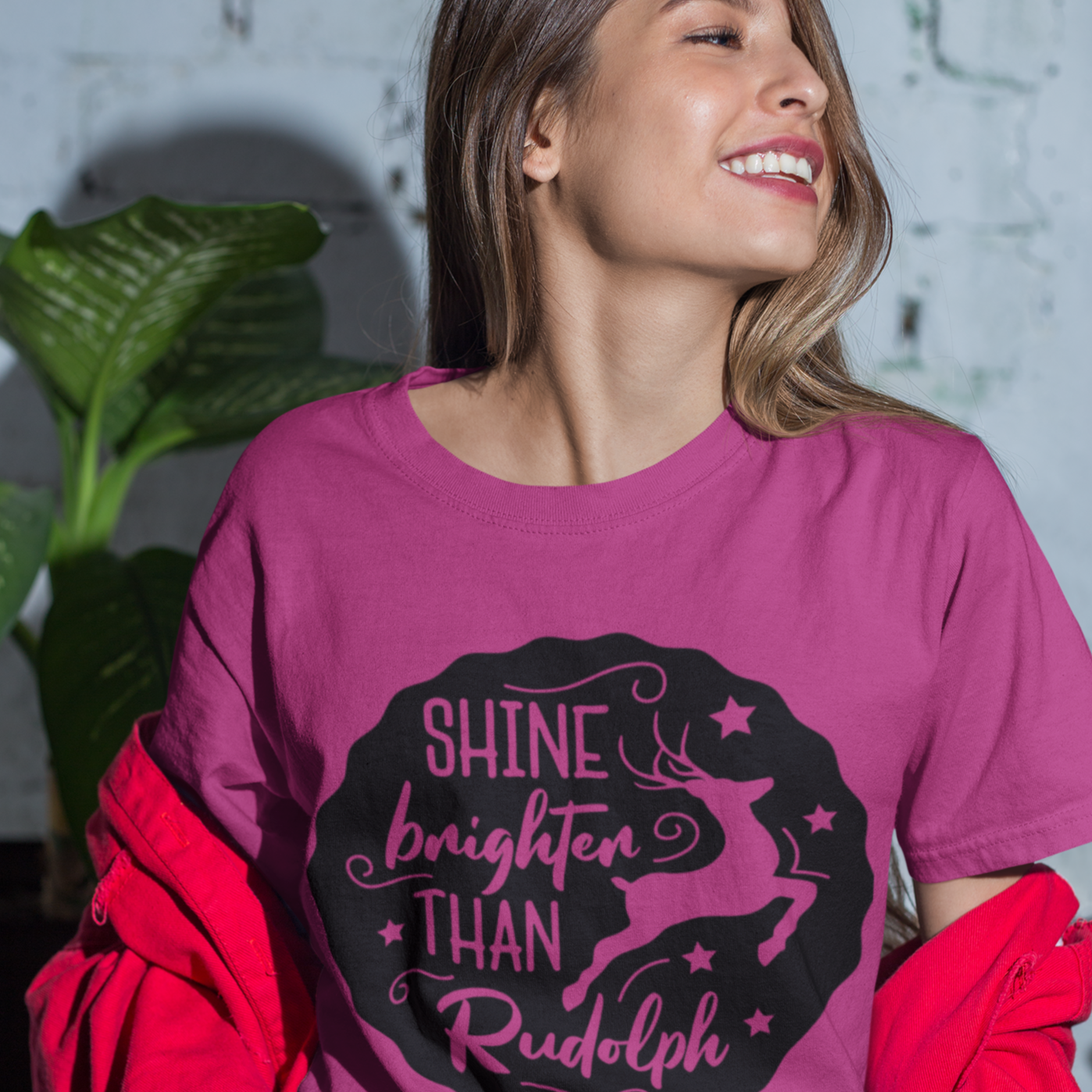Shine Brighter than Rudolph T-Shirt - Berry / S - Sport Finesse