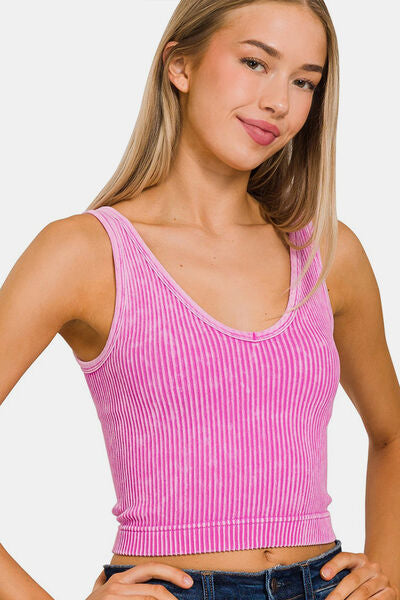 Bright Mauve Washed Ribbed Cropped Tank - BRIGHT MAUVE / S/M - Sport Finesse