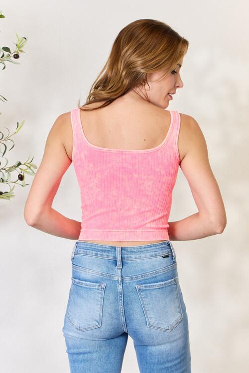 Coral Fuchsia Washed Ribbed Cropped Tank