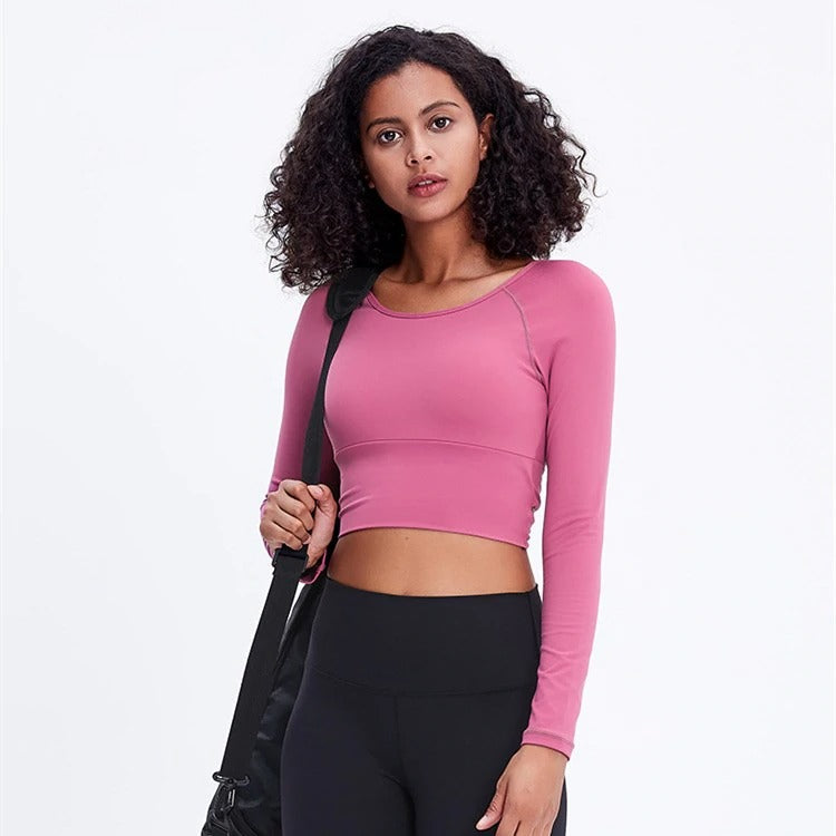 Long Sleeve Workout Top With Keyhole - red / S - Sport Finesse