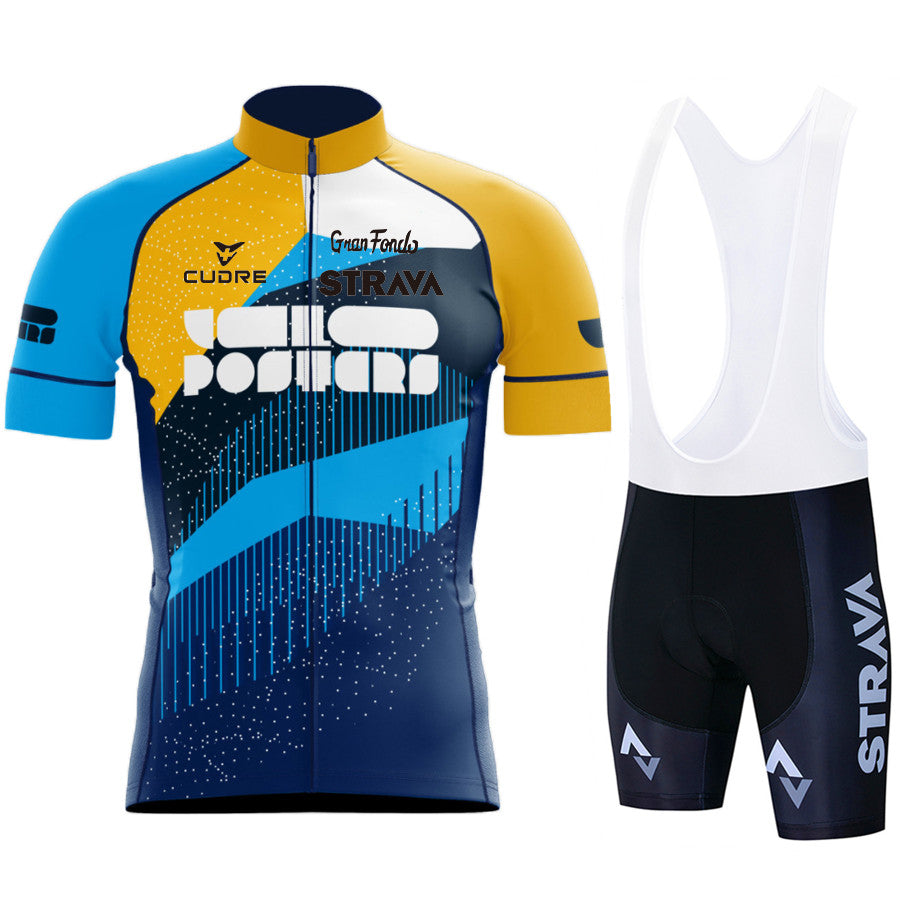 New Strava Summer Cycling Jersey Set - Yellow Blue Pattern / White pants / S - Sport Finesse