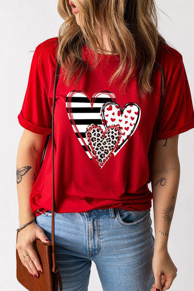 Three Hearts Round Neck Short Sleeve T-Shirt