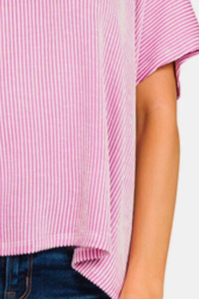 Mauve Ribbed Striped Oversized Short Sleeve Top