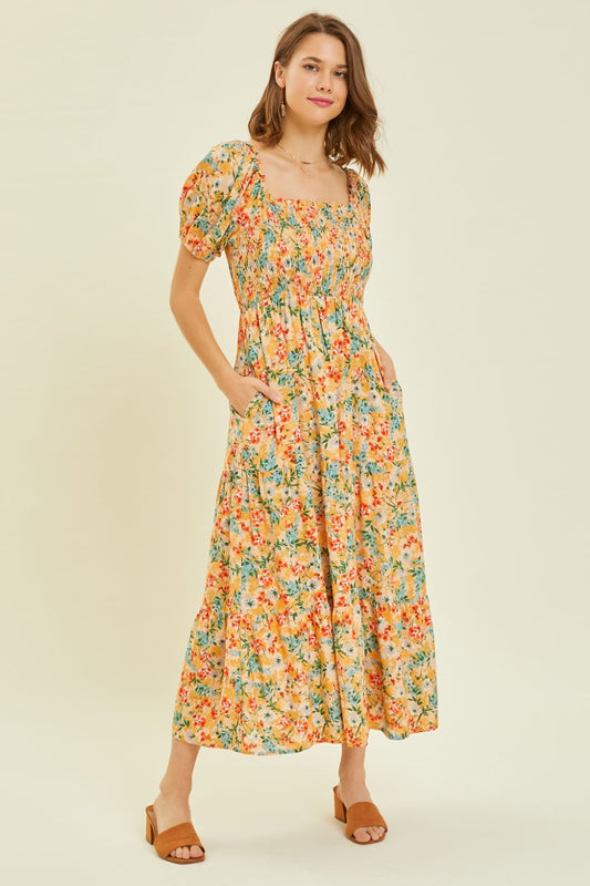 Full Size Floral Smocked Tiered Midi Dress - Peach Multi / S - Sport Finesse