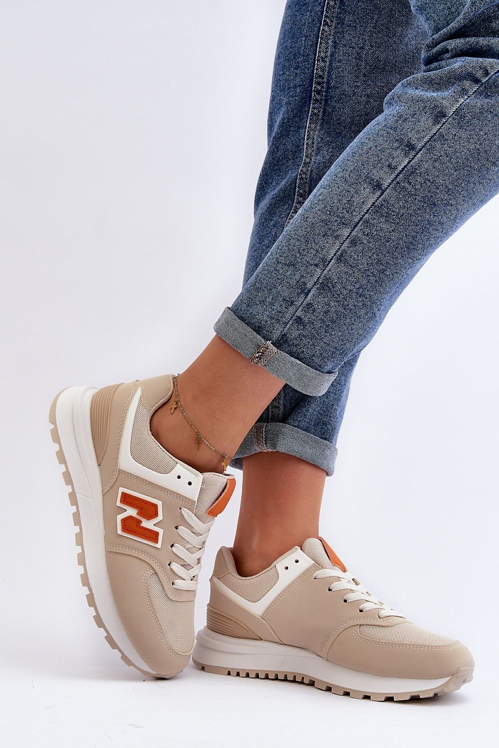 Beige Eco Leather and Textile Trainers