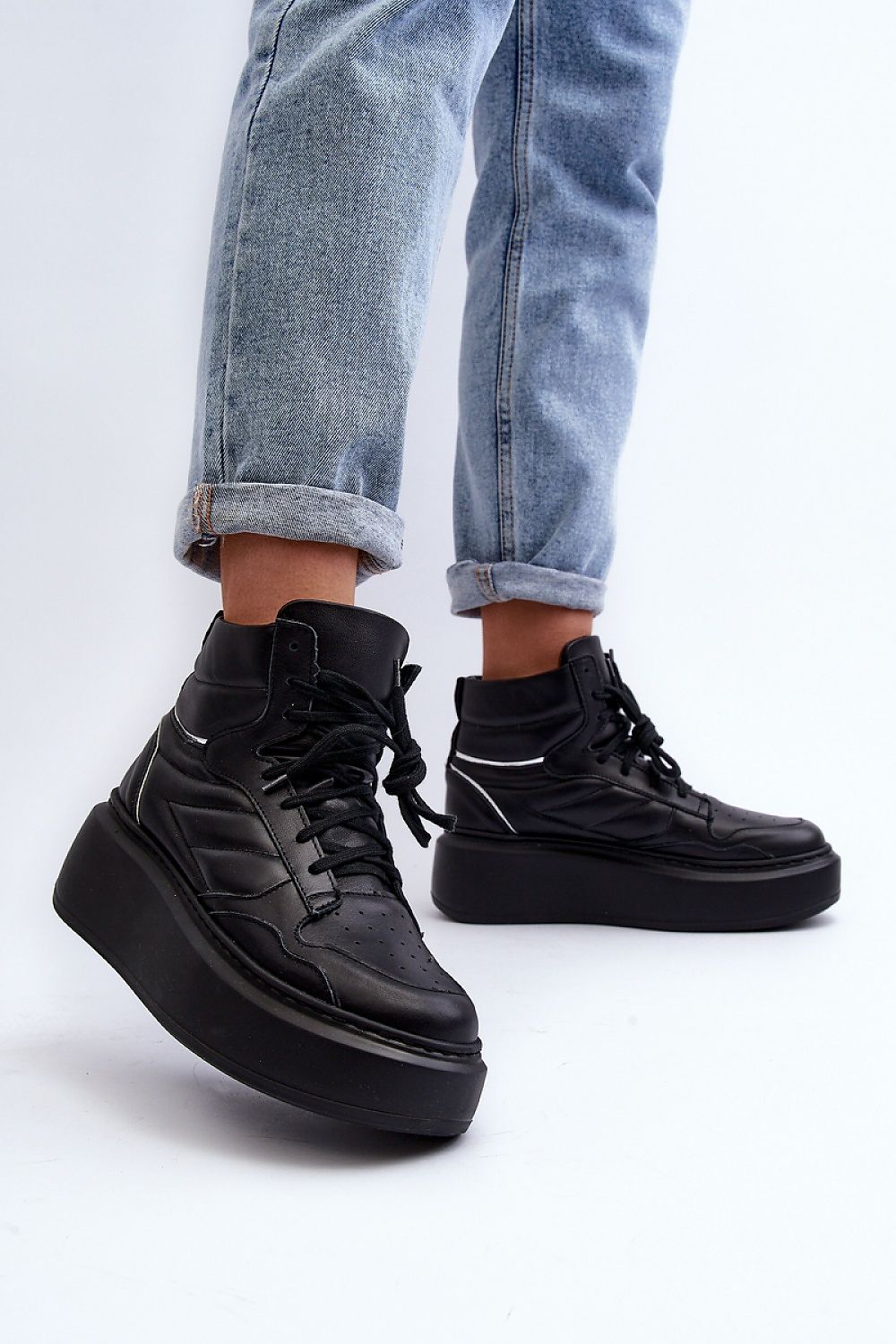 Black Natural Leather High Platform Sneakers