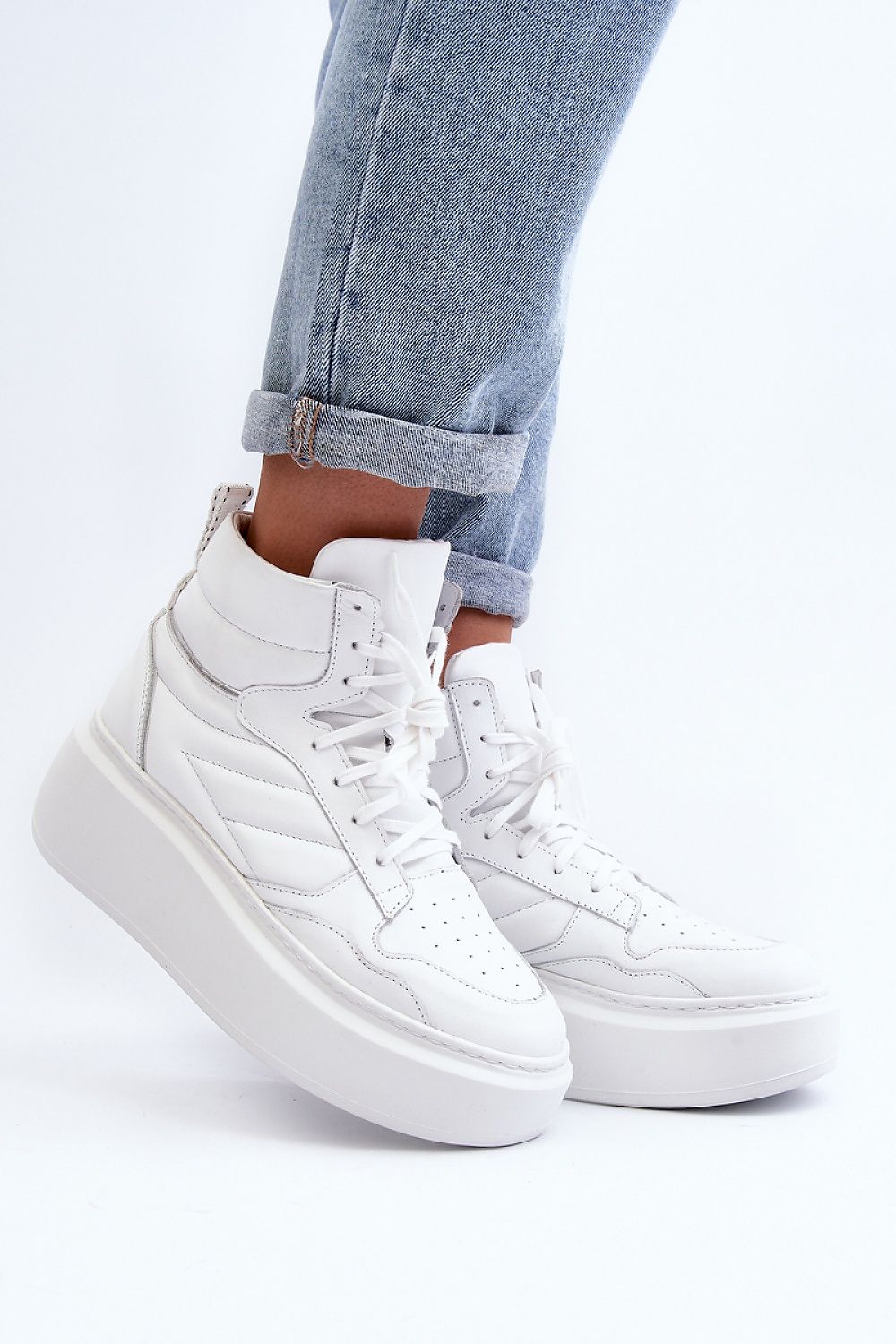 White Natural Leather High Platform Sneakers