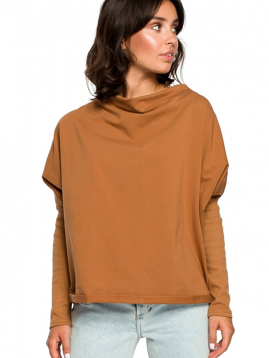 Brown Draped Neckline Sweatshirt