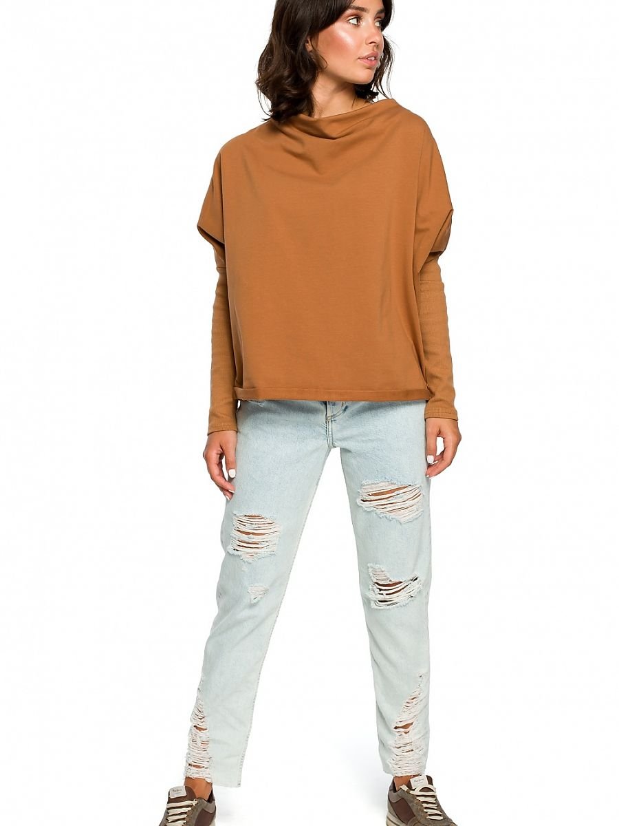 Brown Draped Neckline Sweatshirt