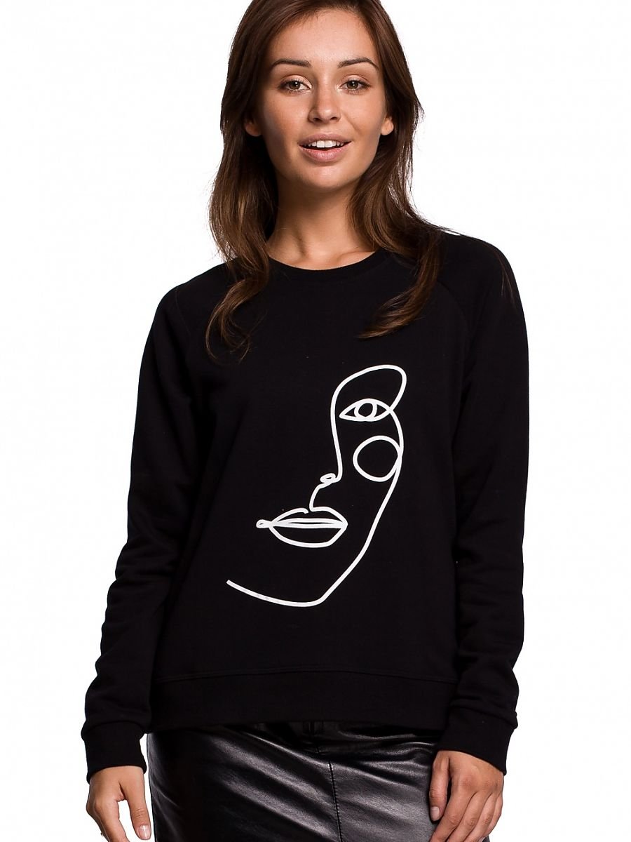 WMN Print Black Ruffle Sleeves Sweatshirt