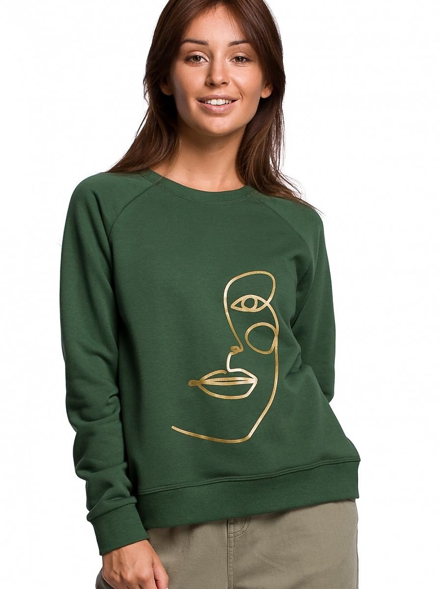 WMN Print Green Ruffle Sleeves Sweatshirt