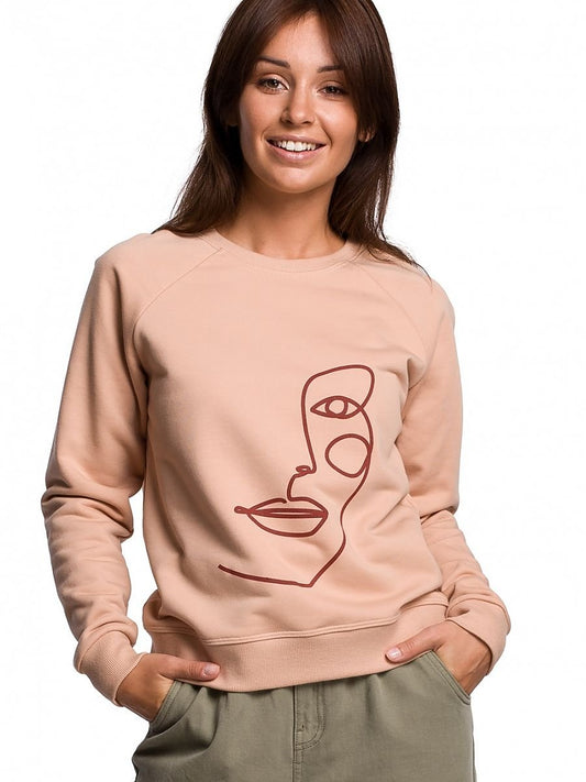 WMN Print Beige Ruffle Sleeves Sweatshirt