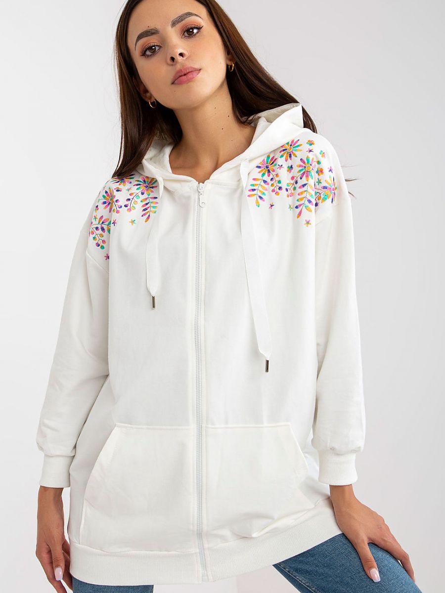 Embroidery Long Sleeve White Zipped Sweatshirt